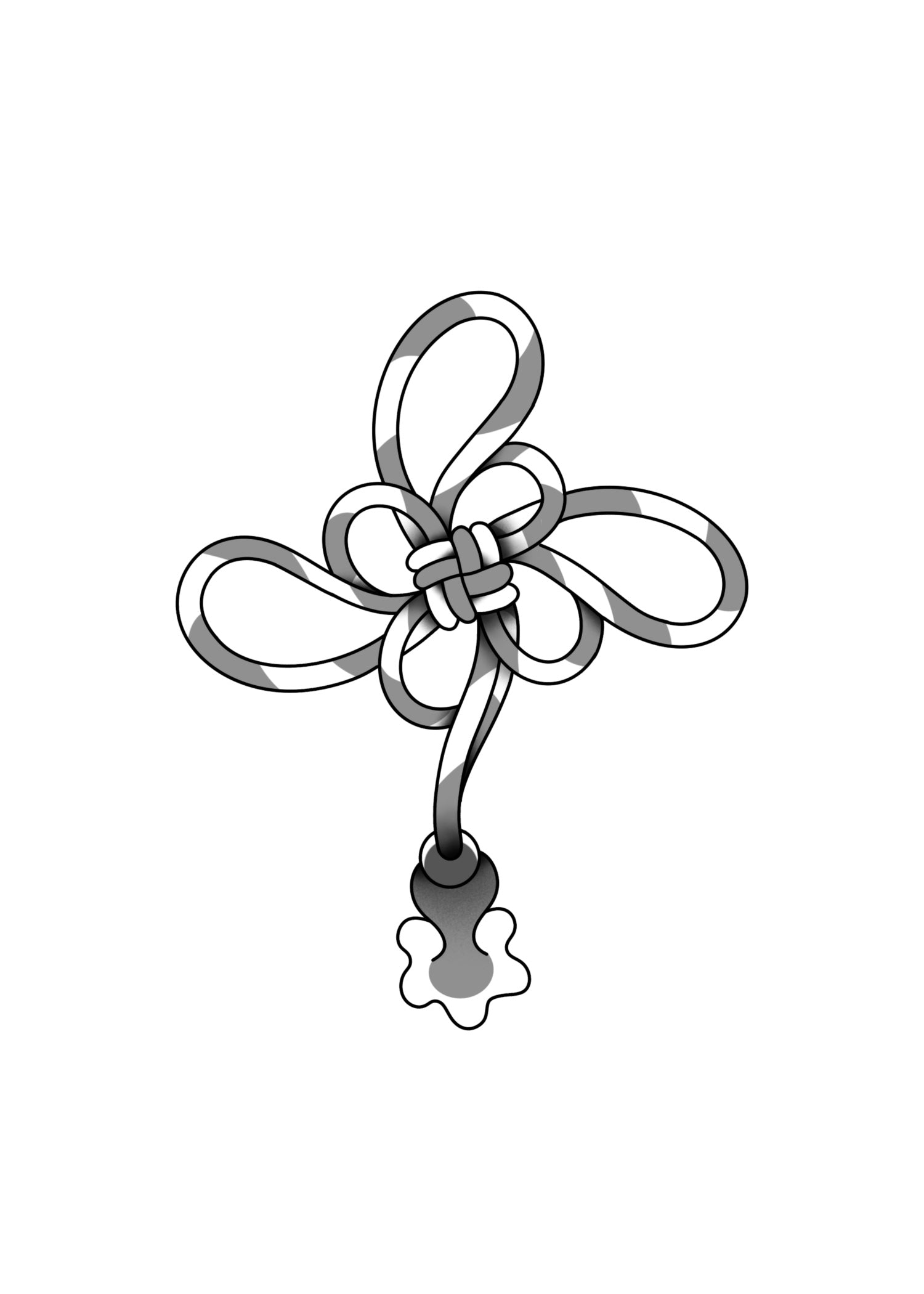 Black and gray Japanese-style decorative knot tattoo design with a floral accent at the end of the cord, featuring bold outlines and smooth gradient shading.