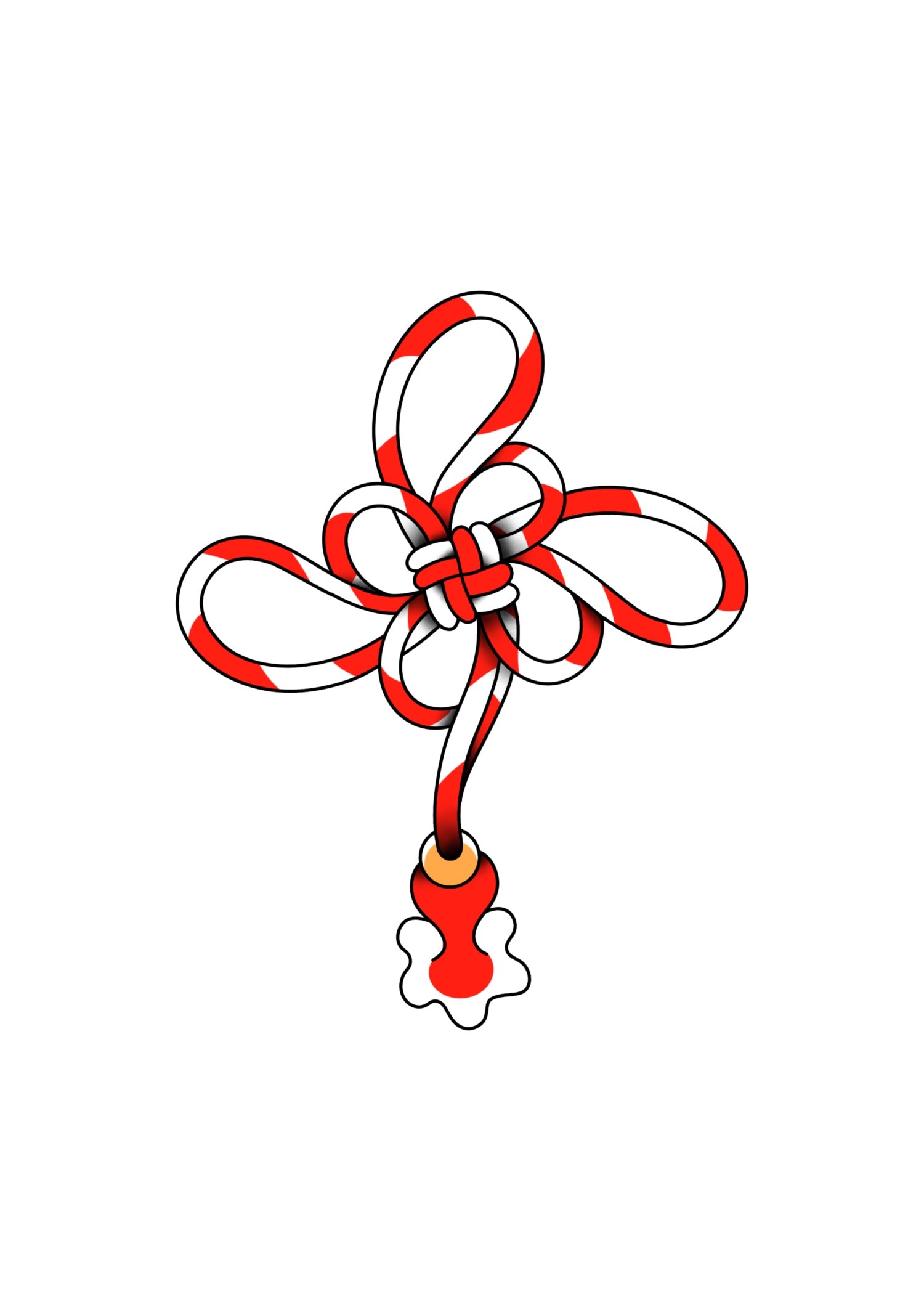 Red Japanese-style decorative knot tattoo design with a floral accent at the end of the cord, featuring bold outlines and smooth gradient shading.