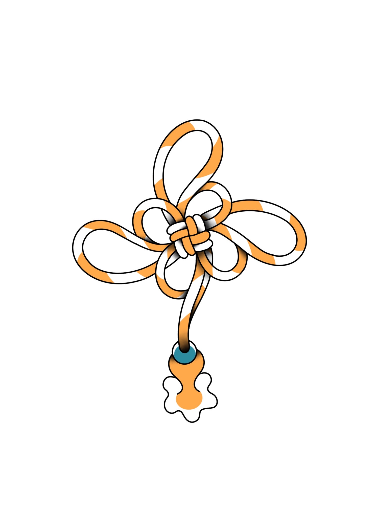 Yellow Japanese-style decorative knot tattoo design with a floral accent at the end of the cord, featuring bold outlines and smooth gradient shading.