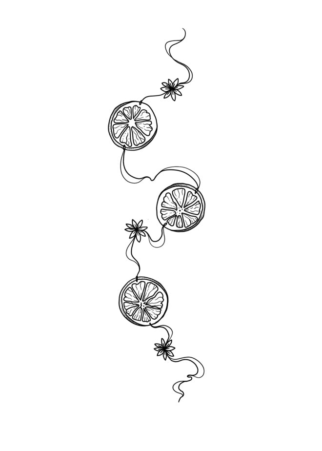 Black and white fine-line tattoo flash drawing of an illustrative decorative pattern with circular spice shapes and floral elements with minimal shading on a white background.